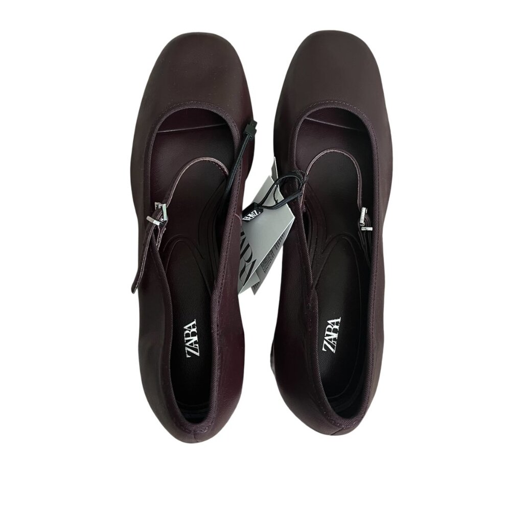 Zara Leather Burgundy Red Pumps Mary Jane Style Size 9 Block Heel, Buckled Strap - Picture 2 of 9